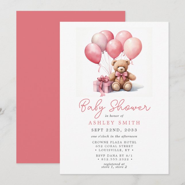 Nalle Ballogs Rosa Girl Baby Shower Inbjudningar (Fram/baksida)