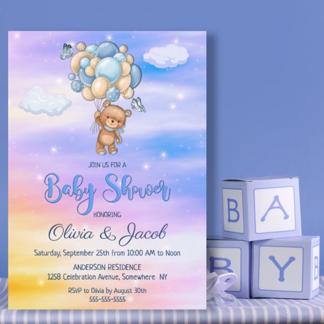 Nalle Ballon Blue Baby Shower Inbjudningar (Skapare uppladdad)