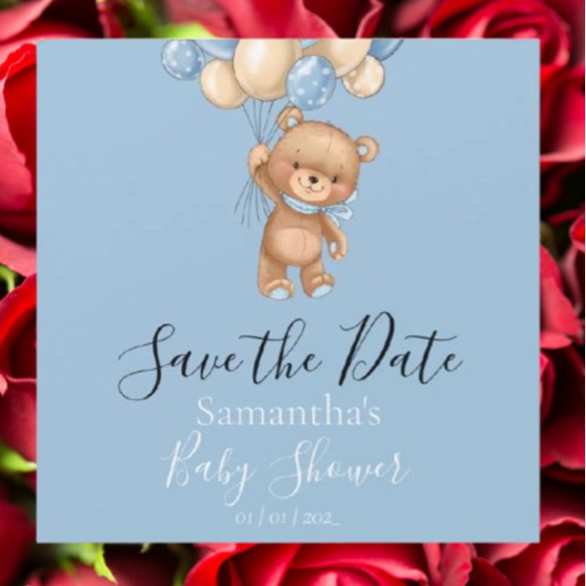 Nalle Ballon Blue Baby Shower Spara datum (Announce your special day with this adorable Teddy Bear Balloon Blue Baby Shower Save the Date. )