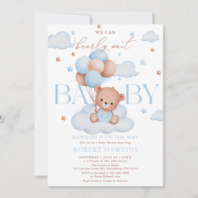 Nalle Ballon Blue Barly Wait Baby Shower Inbjudningar (Framsida)