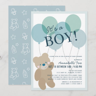 Nalle Ballon Blue Boy Drive by Baby Shower Inbjudningar