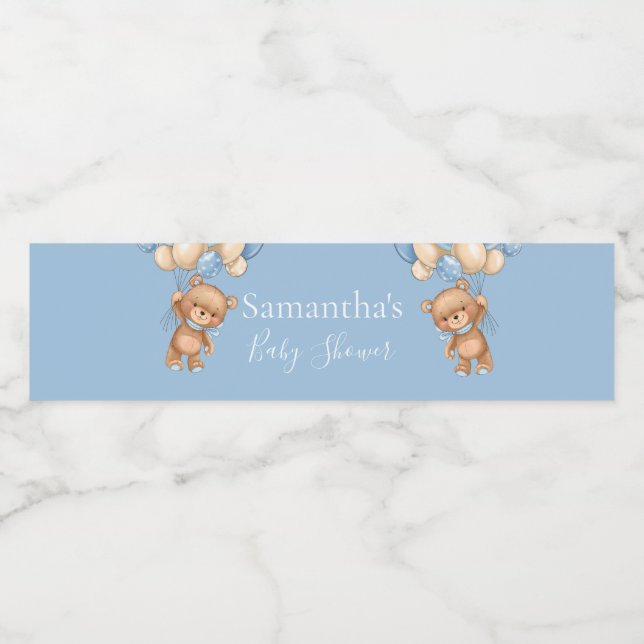 Nalle Balloon Blue Baby dusch Vattenflaskor Etikett (Singel etikett)