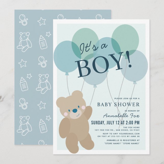 Nalle Balloon Blue Boy Baby Shower Inbjudningar (Fram/baksida)