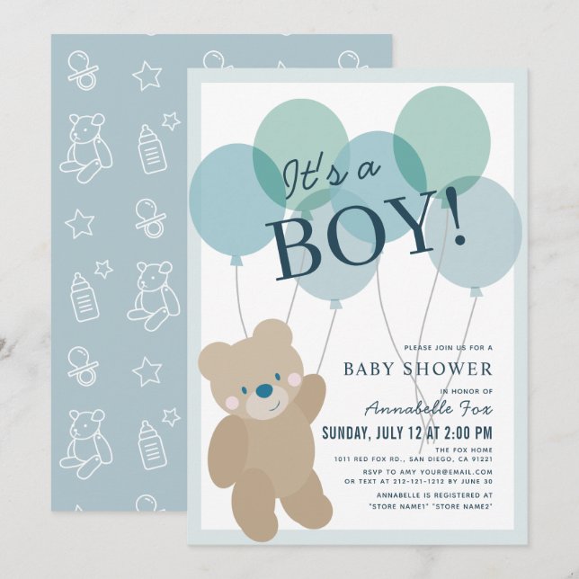 Nalle Balloon Blue Boy Baby Shower Inbjudningar (Fram/baksida)