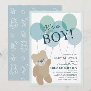Nalle Balloon Blue Boy Baby Shower Inbjudningar
