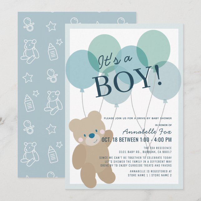 Nalle Balloon Blue Boy Drive by Baby Shower Inbjudningar (Fram/baksida)