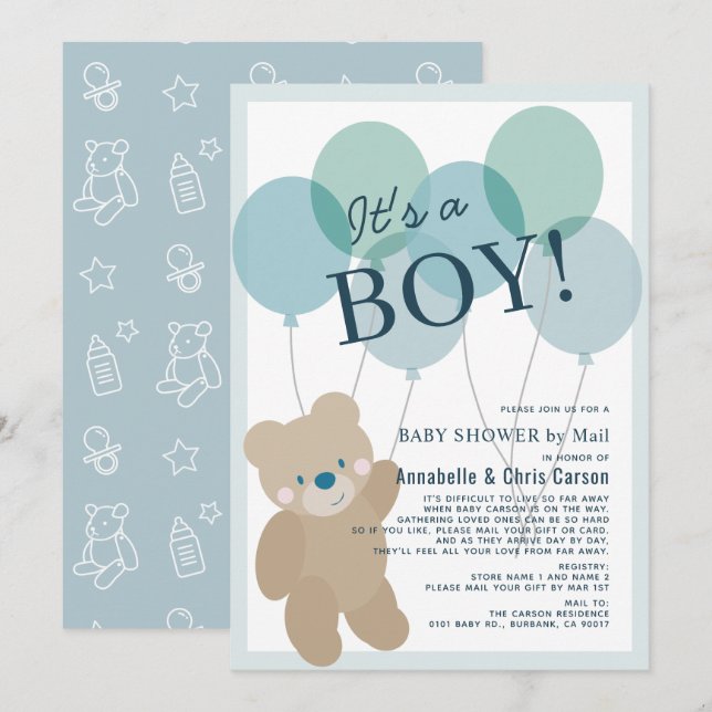 Nalle Balloon Blue Boy Shower by Mail Inbjudningar (Fram/baksida)