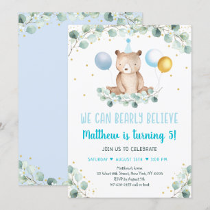 Nalle Balloon Blue Guld Greenery Birthday Inbjudningar