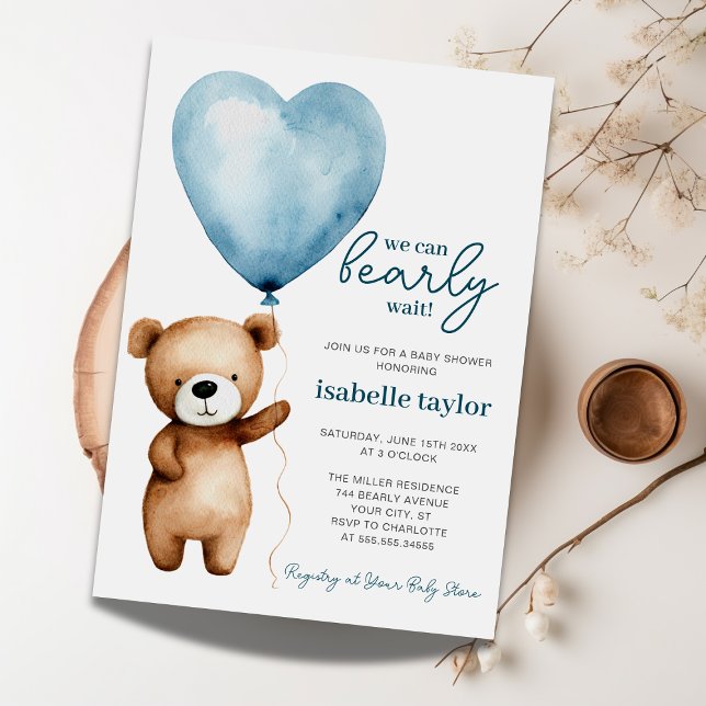 Nalle Balloon Boy Barly Wait Baby Shower Inbjudningar (Skapare uppladdad)