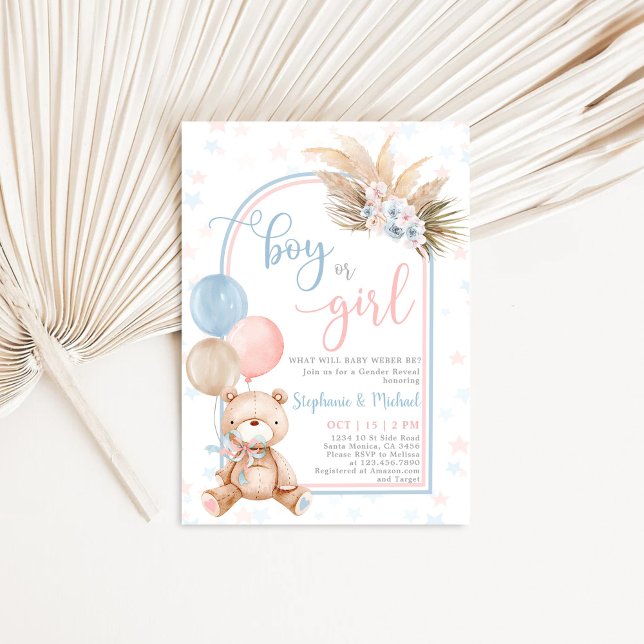 Nalle Balloon Boy eller Girl Gender Reveal Inbjudningar (Skapare uppladdad)