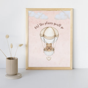 Nalle Balloon Cute Rosa Nursery Art Skriv ut Poster