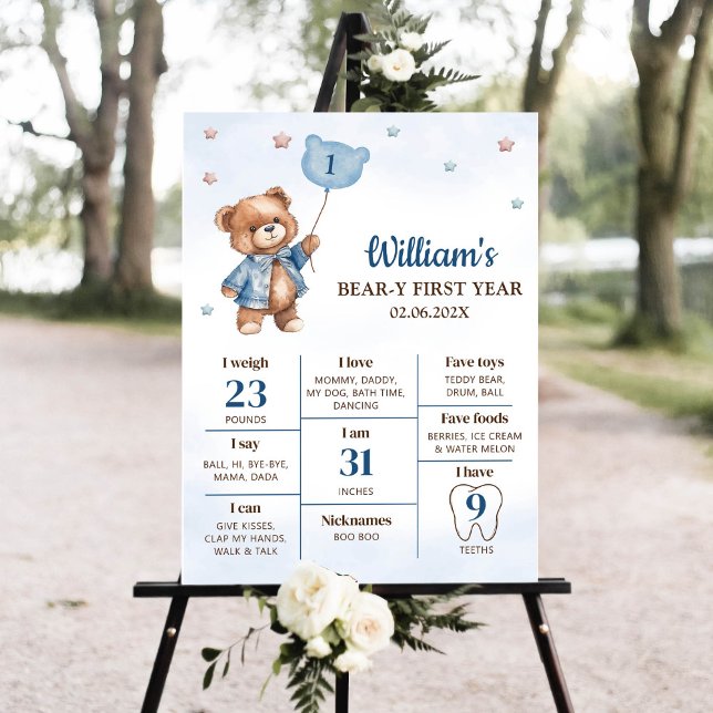 Nalle Balloon First Birthday Milestone Sign Poster (Skapare uppladdad)