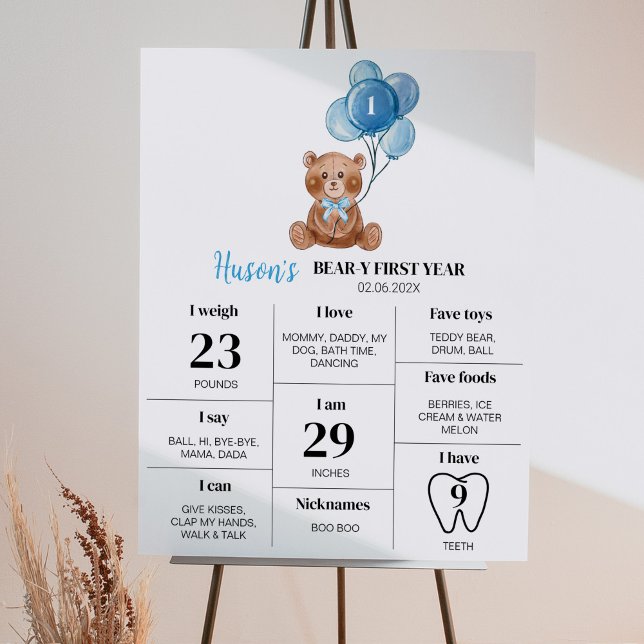 Nalle Balloon First Birthday Milestone Sign Poster (Skapare uppladdad)