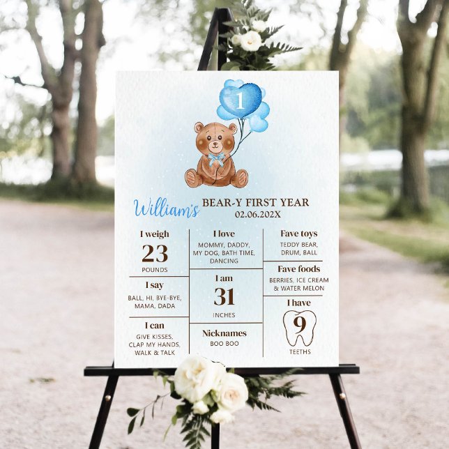 Nalle Balloon First Birthday Milestone Sign Poster (Skapare uppladdad)