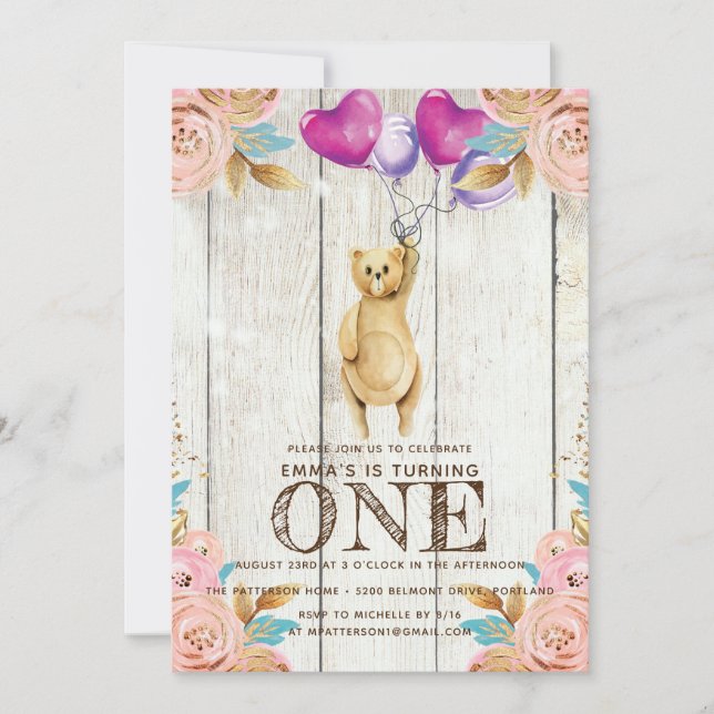 Nalle Balloon First Birthday Rustic Inbjudningar (Framsida)