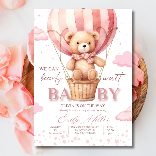 Nalle Balloon Girl Barly Wait Baby Shower Inbjudningar (Skapare uppladdad)