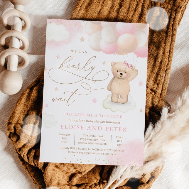 Nalle Balloon Girl Barly Wait Baby Shower Inbjudningar (Skapare uppladdad)