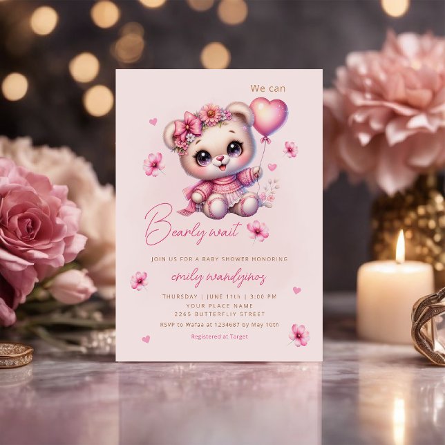 Nalle Balloon Girl Barly Wait Baby Shower Inbjudningar (Skapare uppladdad)