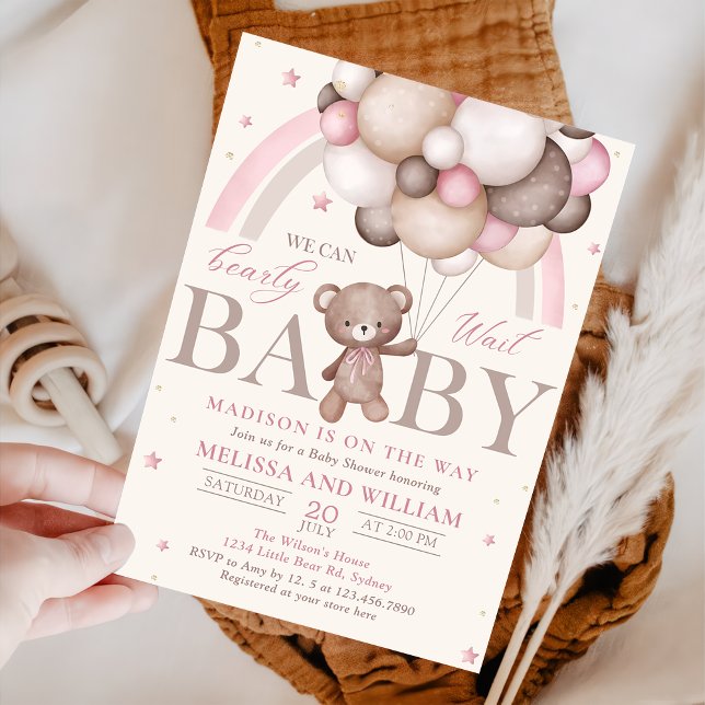 Nalle Balloon Girl Barly Wait Baby Shower Inbjudningar (Skapare uppladdad)