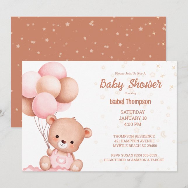 Nalle Balloon Girls Baby Shower Inbjudningar (Fram/baksida)