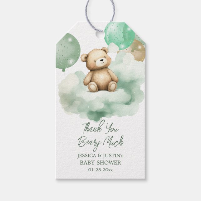 Nalle Balloon Grönt Guld Baby Shower Presentetikett (Framsidan)