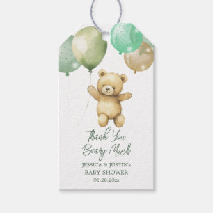 Nalle Balloon Grönt Guld Baby Shower Presentetikett