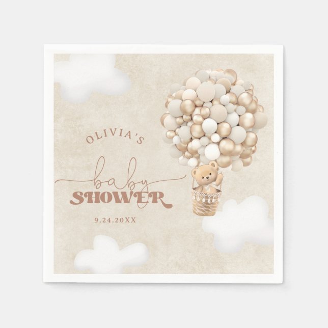 Nalle Balloon Neutralt Baby Shower Napkins Pappersservett (Framsidan)