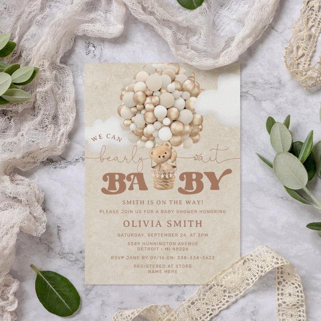 Nalle Balloon Neutralt Barly Wait Baby Shower Inbjudningar (Skapare uppladdad)