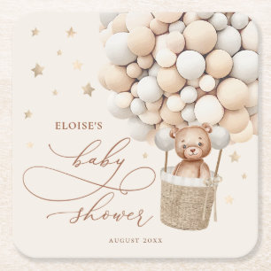 Nalle Balloon Neutralt Barly Wait Baby Shower Underlägg Papper Kvadrat