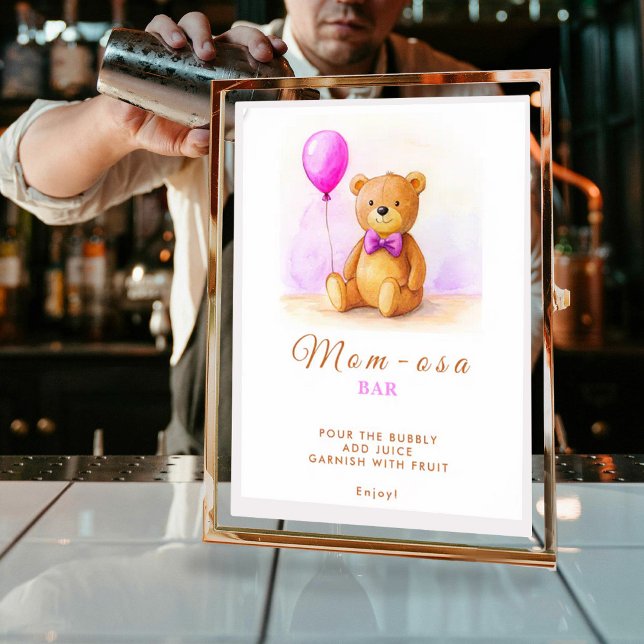 Nalle Balloon Pastel Rosa Brown Baby Shower Poster (Skapare uppladdad)