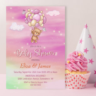 Nalle Balloon Rosa Baby Shower Inbjudningar