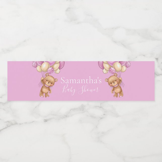 Nalle Balloon Rosa babydusch Vattenflaskor Etikett (Singel etikett)