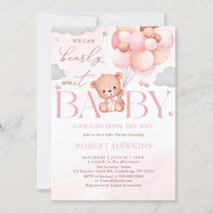 Nalle Balloon Rosa Barly Wait Baby Shower Inbjudningar