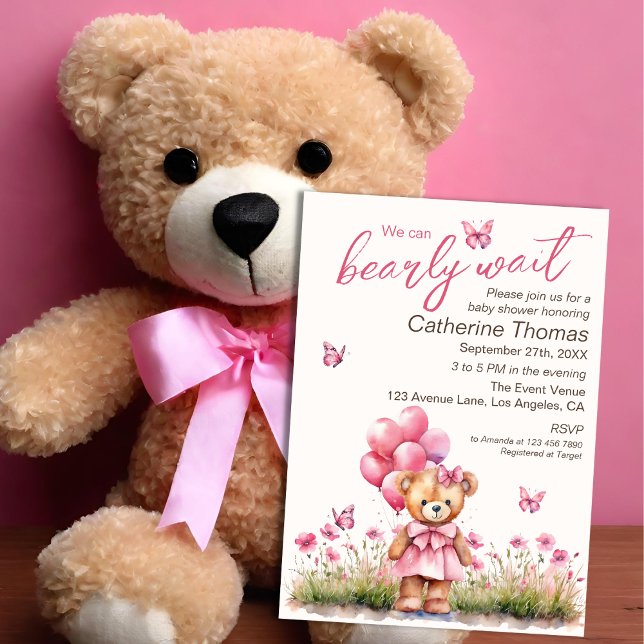 Nalle Balloon Rosa Butterfly Girl Baby Shower Inbjudningar (Skapare uppladdad)