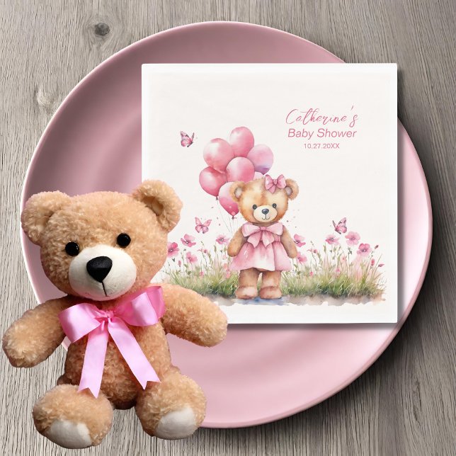 Nalle Balloon Rosa Butterfly Girl Baby Shower Pappersservett (Skapare uppladdad)