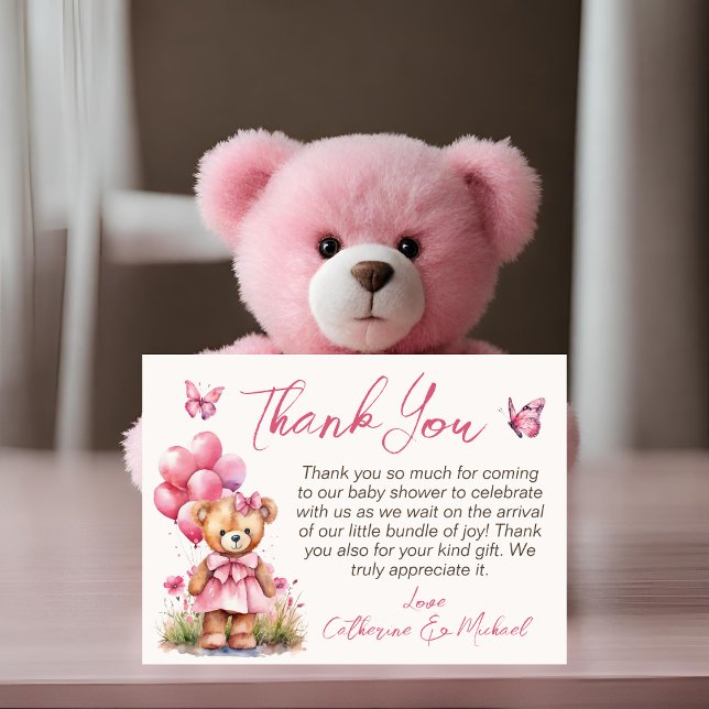 Nalle Balloon Rosa Butterfly Girl Baby Shower Tack Kort (Skapare uppladdad)