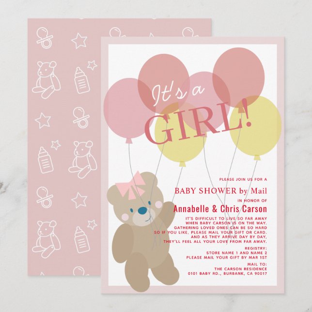 Nalle Balloon Rosa Girl Baby Shower by Mail Inbjudningar (Fram/baksida)