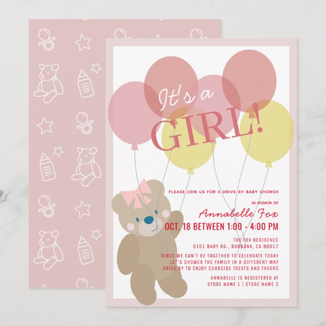 Nalle Balloon Rosa Girl Girl Drive by Baby Shower Inbjudningar (Fram/baksida)