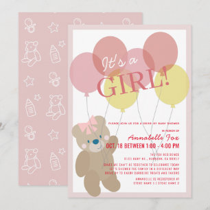 Nalle Balloon Rosa Girl Girl Drive by Baby Shower Inbjudningar