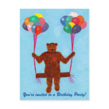 Nalle Balloon Swing Birthday Inbjudan vykort