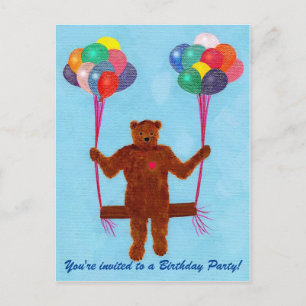 Nalle Balloon Swing Birthday Inbjudan vykort