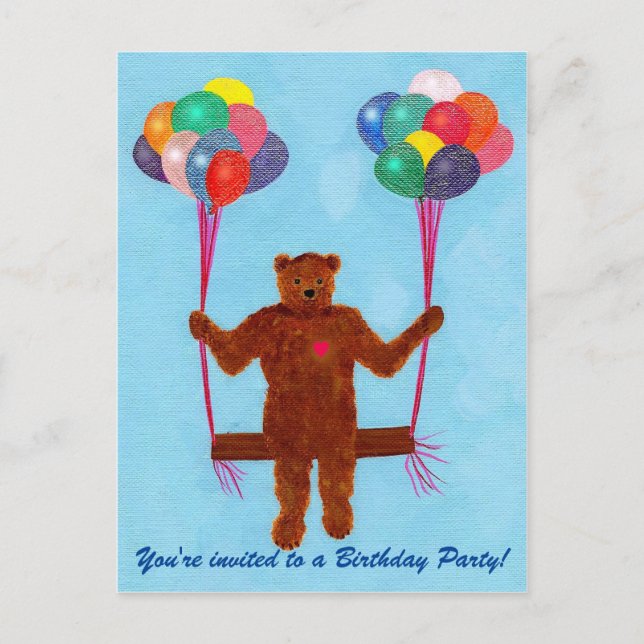 Nalle Balloon Swing Birthday Inbjudan vykort (Framsida)