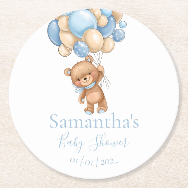 Nalle Balloon White Blue-babydusch Underlägg Papper Rund (Framsidan)
