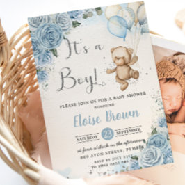 Nalle Balloons Baby blue Blommigt Boy Shower Inbjudningar