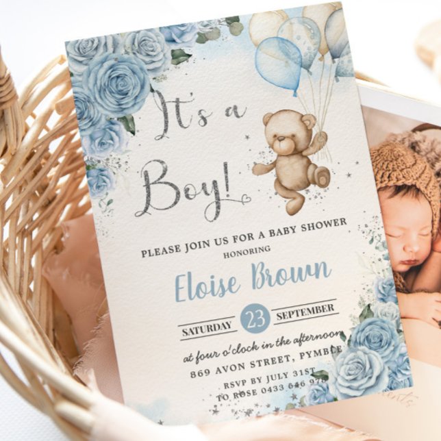 Nalle Balloons Baby blue Blommigt Boy Shower Inbjudningar (Skapare uppladdad)
