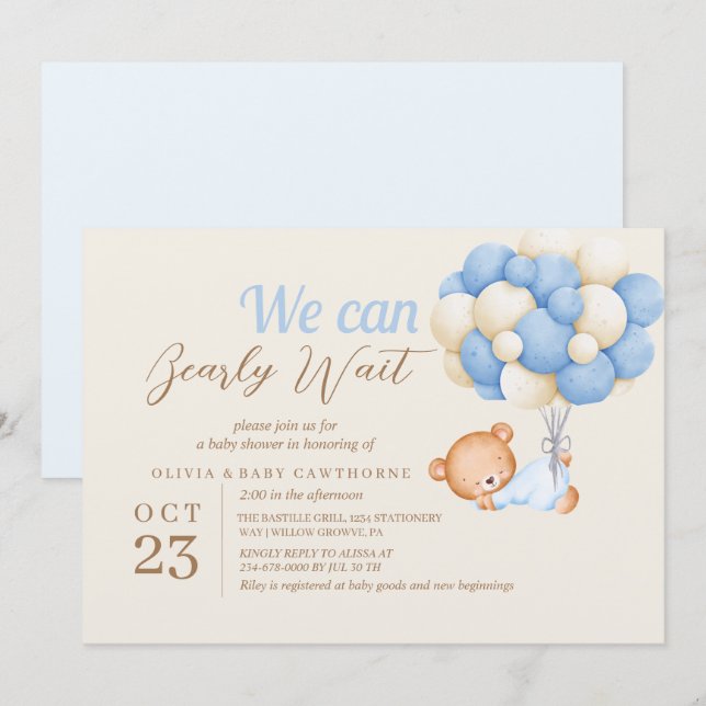 Nalle Balloons Beige Pojke Shower Inbjudningar (Fram/baksida)
