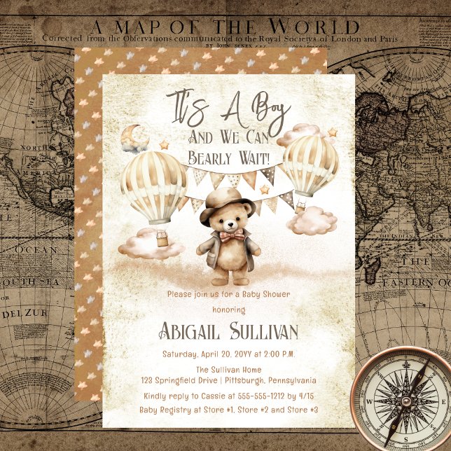 Nalle Balloons Boy Barly Wait Baby Shower Inbjudningar ("It's A Boy and We Can Bearly Wait!" Teddy Bear | Hot Air Balloons Natural Baby Shower Invitation)
