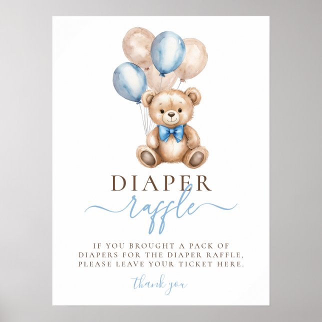 Nalle Balloons Boy Shower Raffle Poster (Framsidan)