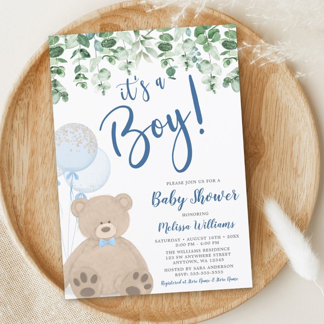 Nalle Balloons Eucalyptus Boy Shower Inbjudningar (Skapare uppladdad)