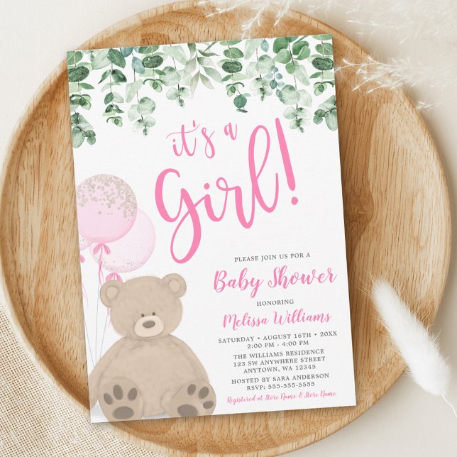 Nalle Balloons Eucalyptus Girl Baby Shower Inbjudningar (Skapare uppladdad)